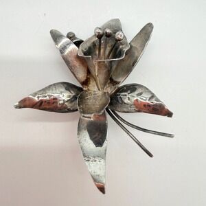Vintage Taxco Sterling Silver Lily Flower Brooch Hecho Mexico Eagle Mark 925